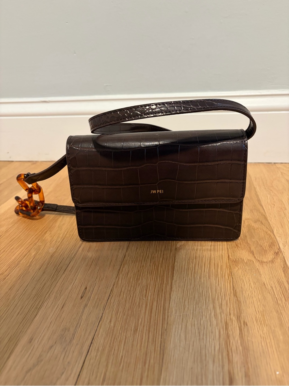 JW PEI Dark Brown Croc-Embossed Shoulder Bag with Tortoiseshell Accent